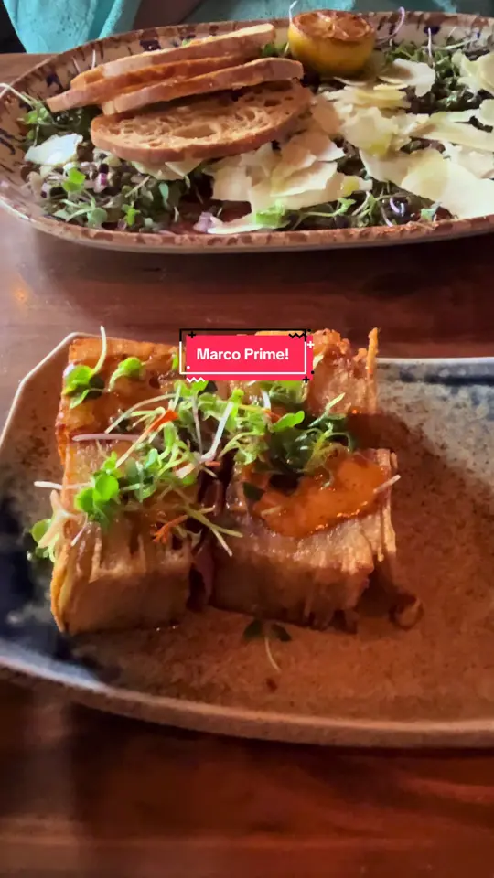 Marco Prime Steak & Seafood Restaurant in Marco Island showing food, scallop appetizer / food, blue cheese wedge / food, skirt steak / food, crab cake / food, beef carpaccio, video by mywalksinparadise on TikTok
