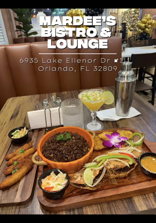 MARDEE'S BISTRO & LOUNGE in Orlando showing restaurant visit, haitian food, fried goat, tasso kabrit, video by fanmsabelle_ on TikTok