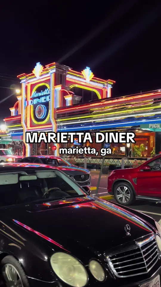 Marietta Diner in Marietta showing visit, 24/7 service, menu items, video by cheapeatsatl on TikTok