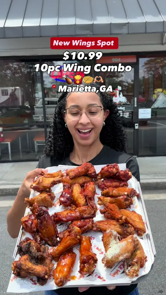 Marietta Wings & More in Marietta showing restaurant visit, chicken wings, boneless wings, tenders, chicken sandwiches, waffles, fried oreos, video by travelfoodie_ishy on TikTok