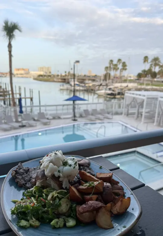 Marina Grille Restaurant in Clearwater showing lobster, truffle parm fries, beef tetaki, tuna roll, california roll, surf & turf, video by teekseatss on TikTok