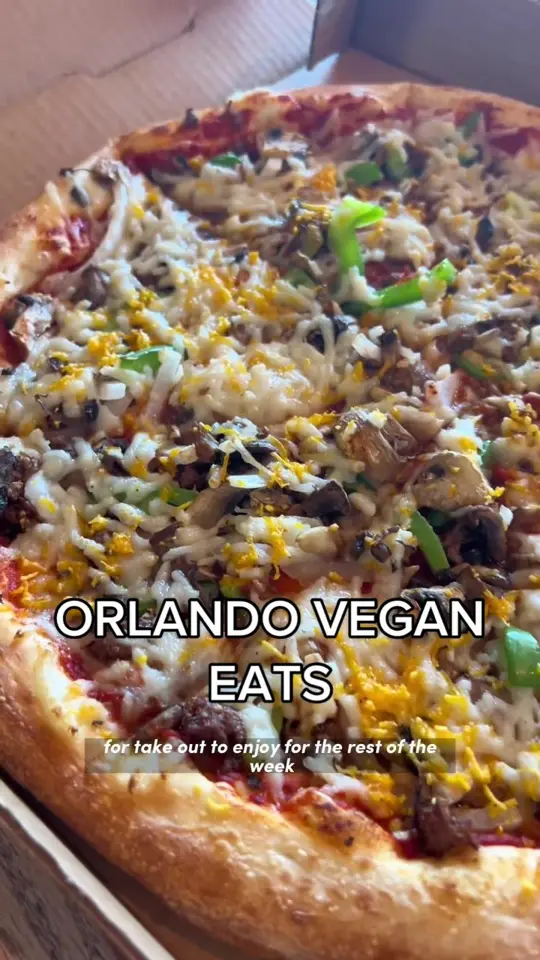 Mario's Pizza in Orlando showing review, vegan girl friend pizza, deluxe pizza, garlic knots, calzone, vegan philly cheesesteak sandwich, video by thefoodietakesflight on TikTok