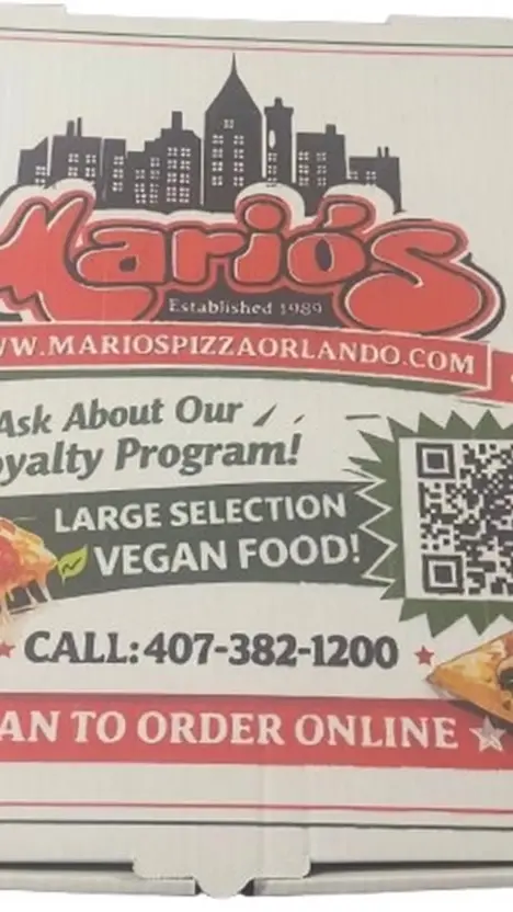 Mario's Pizza in Orlando showing vegan food, pizza, video by Cory Nix on Facebook