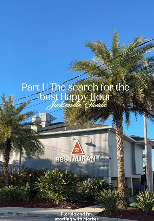 Marker 32 in Jacksonville showing review, burger, truffle fries, calamari, deviled eggs with fried oyster, happy hour drinks, video by aleiastraveldiary on TikTok