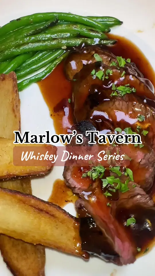 Marlow's Tavern in Brookhaven showing whiskey dinner, arugula citrus salad, grilled bistro filet, fried green tomato, blackened swordfish, grilled shrimp, video by servinglooksatl on TikTok