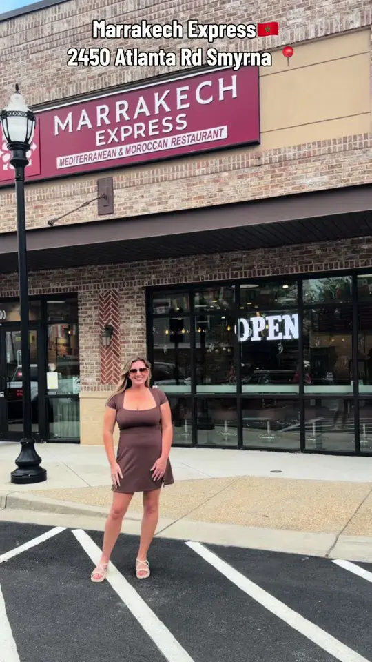 Marrakech Express in Smyrna showing review, visit, chicken shawarma plate, basmati rice, hummus, salad, video by merryinmarietta1 on TikTok