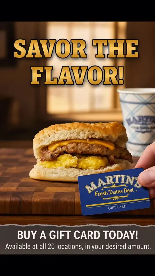 Martin's Restaurant in Kennesaw showing food, pork tenderloin egg and cheese biscuit, gift cards, video by Martin's Restaurants on Facebook