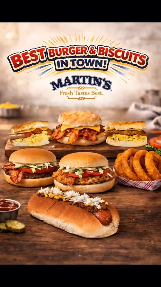 Martin's Restaurant in Kennesaw showing burgers, biscuits, onion rings, chili dog, video by Martin's Restaurants on Facebook