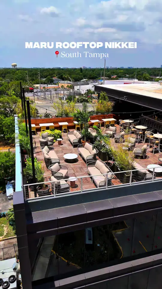 Maru Rooftop Nikkei in Tampa showing food, nikkei dishes, cocktails, atmosphere, skyline views, video by tampalatest on TikTok