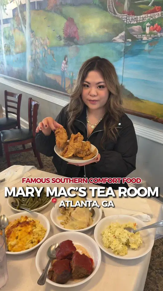 Mary Mac's Tea Room in Atlanta showing review, visit, southern special, mains, sides, dessert, video by kimfeasts on TikTok