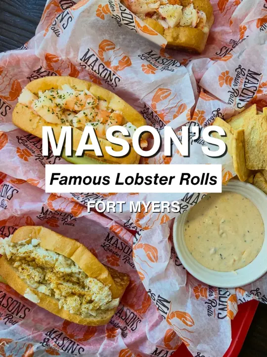 Mason's Famous Lobster Rolls in Fort Myers showing visit, lobster rolls, shrimp rolls, crab rolls, maine root sodas, video by swflfoodjunkie on TikTok