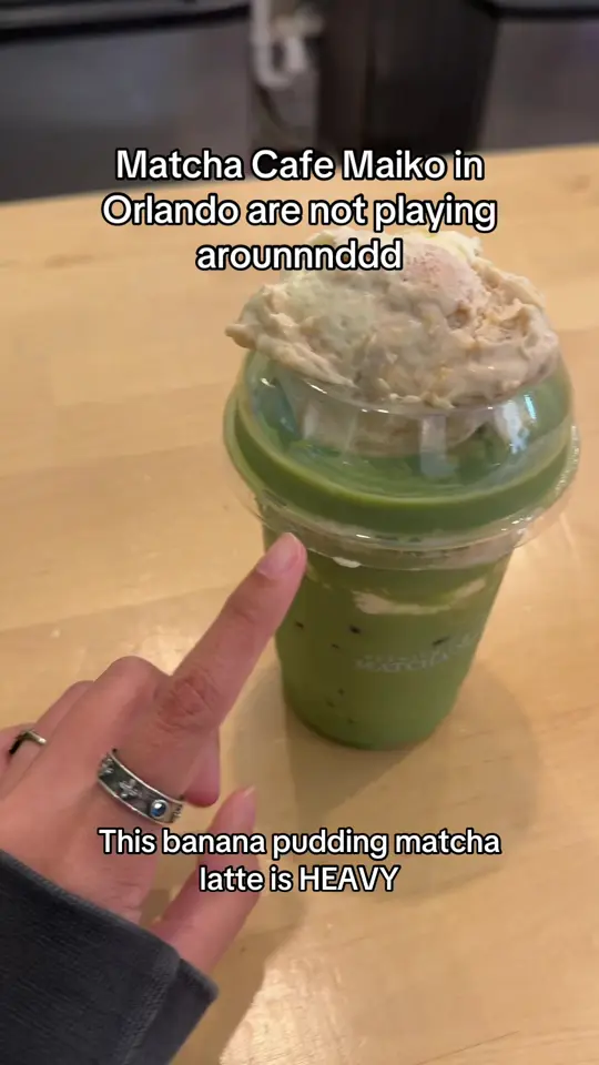 Matcha Cafe Maiko in Orlando showing drink, banana pudding, video by itsjessielim on TikTok