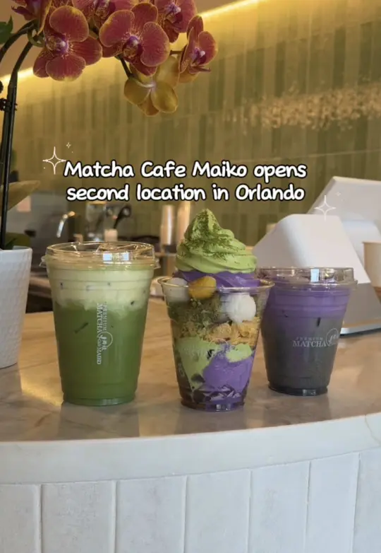 Matcha Cafe Maiko in Orlando showing cafe, matcha drinks, desserts, video by cheatdayorlando on TikTok