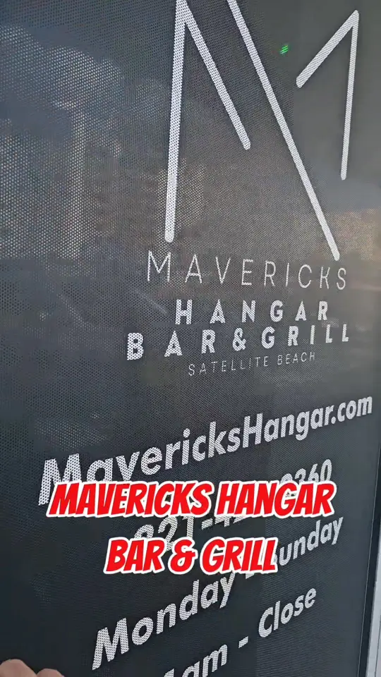 Mavericks Hangar Bar & Grill in Satellite Beach showing burger, brisket burger, wings, live music, video by 321Grub on Facebook