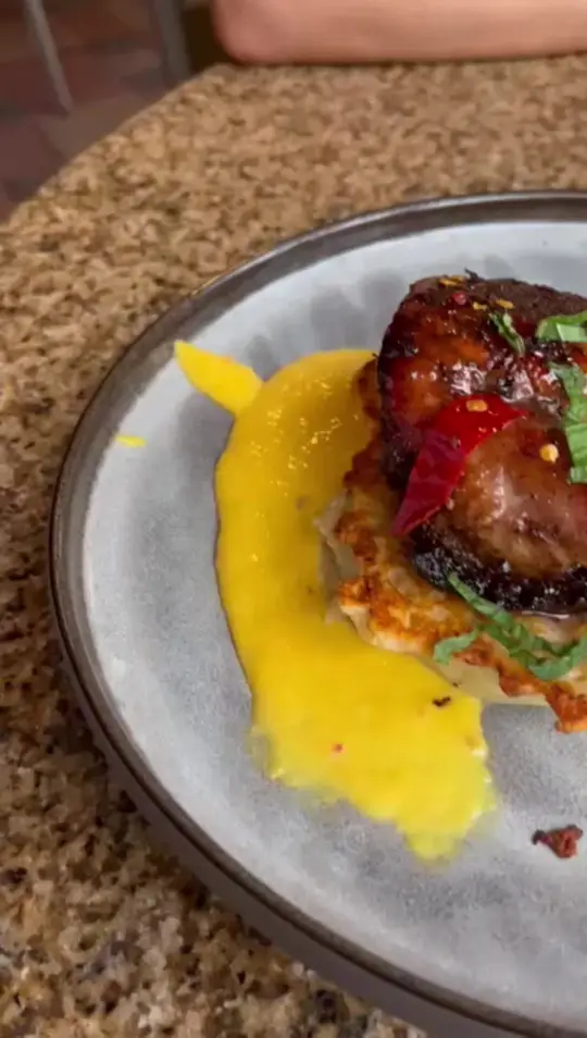 Max's Grille in Boca Raton showing food, classic caesar salad, pork tacos, peking duck, ny strip steak, video by tableliving on TikTok