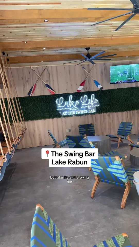 Max's Lakeside in Lakemont showing cocktail, swing bar, lake view, video by musclemaddie97 on TikTok