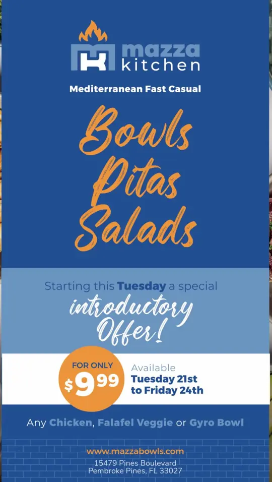 Mazza Mediterranean Cuisine in Pembroke Pines showing fast-casual concept, launch offer, mediterranean bowl, wrap, fresh ingredients, premium proteins, video by Mazza Mediterranean Cuisine on Facebook