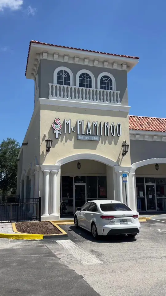 McFlamingo in Ponte Vedra Beach showing restaurant, healthy food, beef tallow fries, gluten free options, vegan options, video by treylovesfood on TikTok