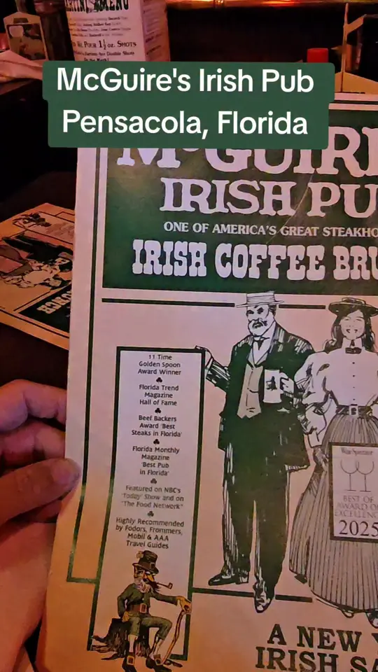 McGuire's Irish Pub in Pensacola showing brunch, irish coffee, beignets, video by Gulf Coast Journeys on Facebook