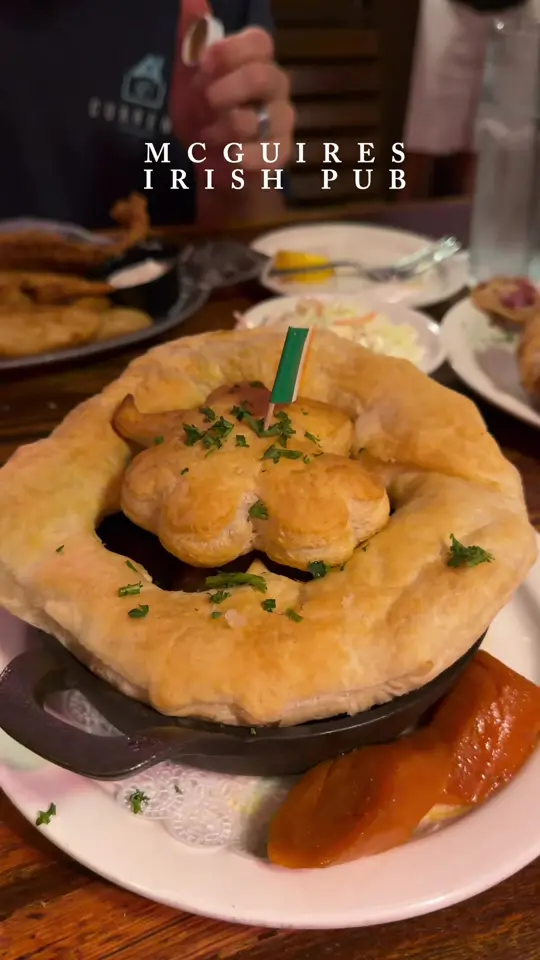 McGuire's Irish Pub in Pensacola showing food, steak and mushroom pie, fish and chips, video by localonthecoast on TikTok