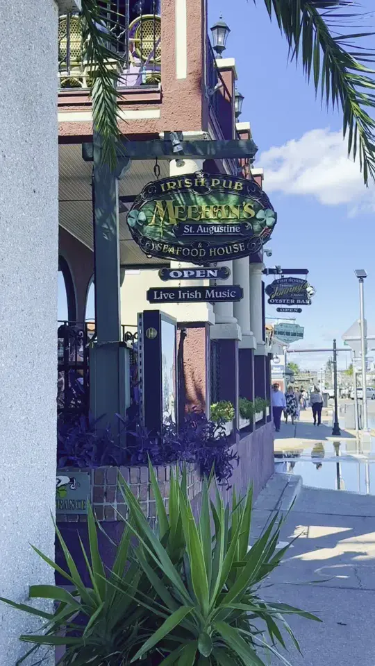 Meehan's Irish Pub in St. Augustine showing review, visit, atmosphere, fish & chips, pint, the backyard, video by 411staug on TikTok