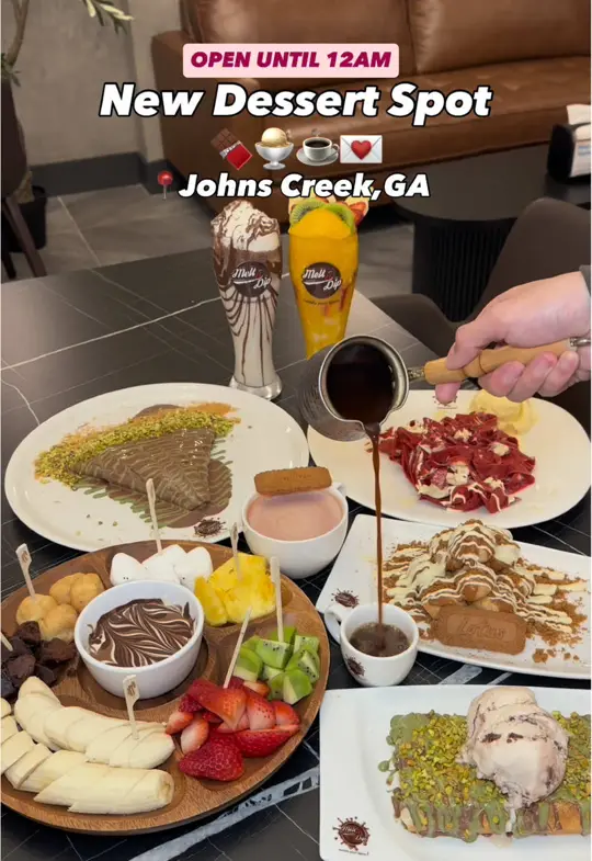 Melt n Dip in Johns Creek showing dessert, dubai crepe, dubai waffles, gelato, custom affogato, fresh juices, video by travelfoodie_ishy on TikTok