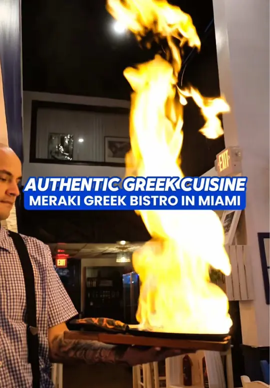 Meraki Greek Bistro in Miami showing lamb sliders, grilled calamari, octopus carpaccio, saganaki, lamb kabob platter, mousaka, video by zackaryeats on TikTok