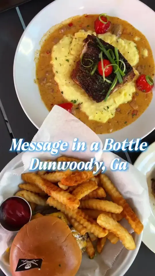 Message in a Bottle in Dunwoody showing sushi, coastal dishes, red fish & grits, restaurant visit, video by discoverdunwoody on TikTok