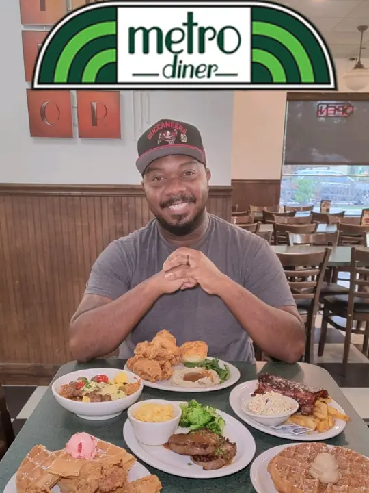 Metro Diner The Villages in The Villages showing dinner entrees, bbq ribs, iron city meatloaf, fried chicken plate, steak & scramble bowl, fried chicken & waffles, video by baloo_eats on TikTok