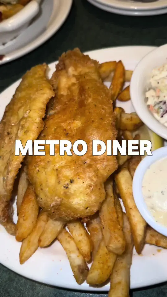 Metro Diner The Villages in The Villages showing review, visit, loaded fries, fish & chips with cole slaw & tartar sauce, steak tips with mashed potatoes & green beans, wine, video by whattoeathuntsville on TikTok