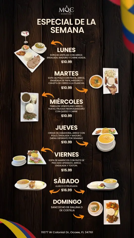  in Florida showing restaurant, menu items, food, video by Mi Querida Colombia USA on Facebook