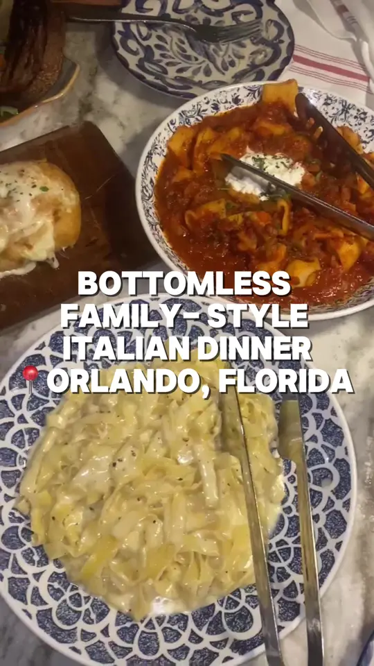 Mia's Italian Kitchen in Orlando showing review, visit, dinner deal, giant meatball, spaghetti carbonara, cheesy bread, homemade pastas, caesar salad, fettuccine, video by sunnycoastblog on TikTok