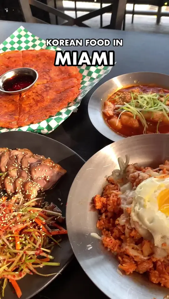 Miami Korean Kitchen in North Miami Beach showing food, spicy pork bulgogi bibimbap, kimchi pancake, cheese & fish cake corn dog, video by Josiah Eats on Facebook