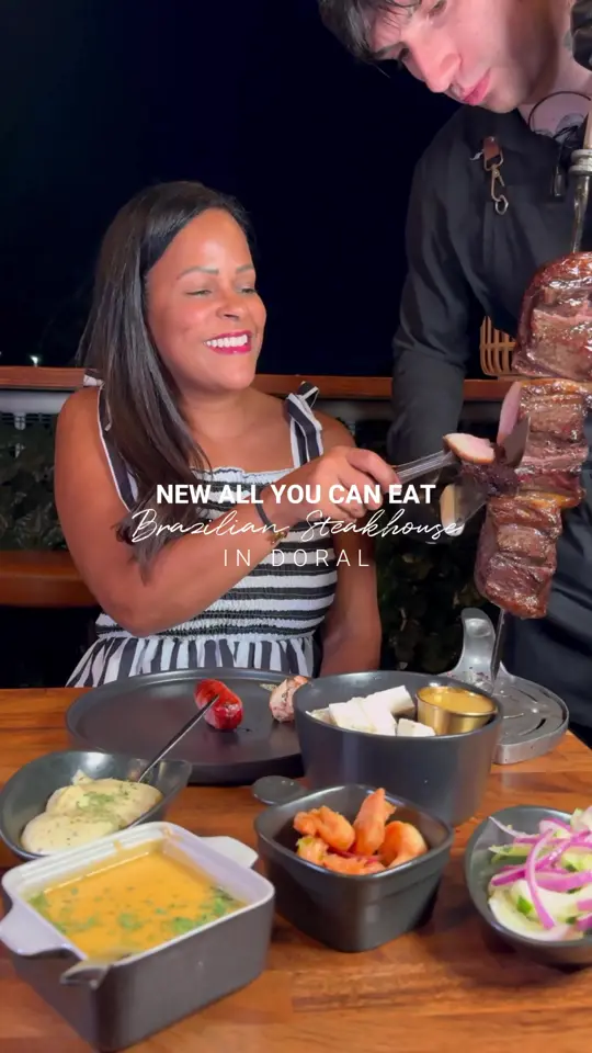 Miami to Brazil Rodizio in Miami showing restaurant visit, brazilian steakhouse, all you can eat, family dining, cocktails, video by fashion.eat.travel on TikTok