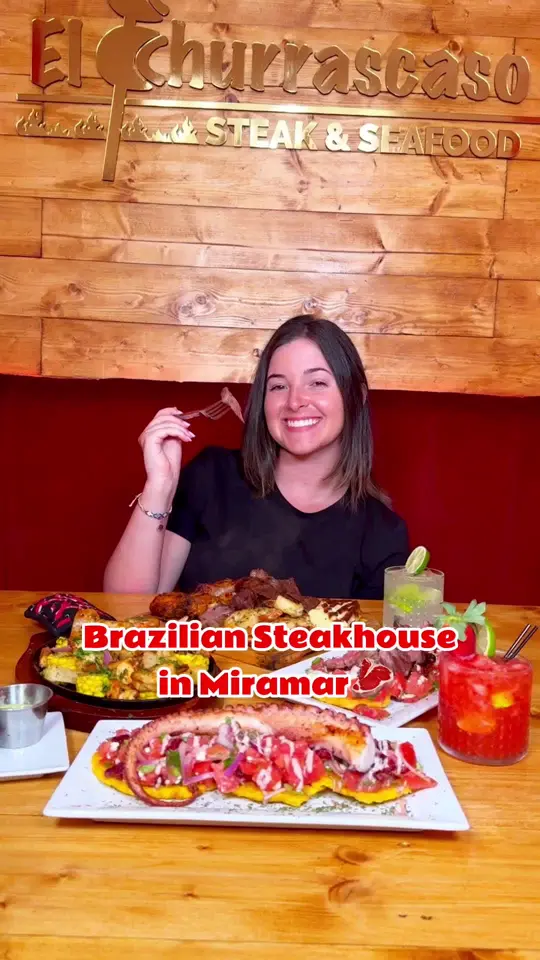 Miramar Seafood and Steak Restaurant in Miramar showing brazilian steakhouse, churrasco, paodequeijo, parilla, steakhouse, tostones, flan, video by treatyoselfeverywhere on TikTok