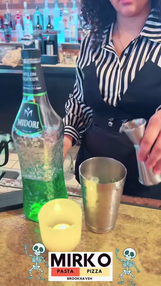 Mirko Pasta & Pizza in Brookhaven showing halloween event, witch's brew cocktail, monster bites, dj ross, video by mirko.pastapizza on TikTok