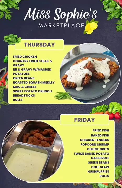 Miss Sophie's Kitchen in Pooler showing hot bar menu, southern comfort food, video by Miss Sophie's Kitchen on Facebook