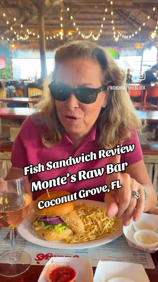 Monty's Raw Bar in Miami showing food, fish sandwich, video by Dish Off The Block on YouTube