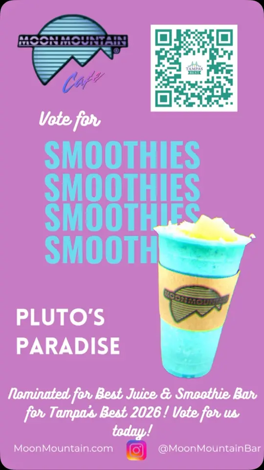 Moon Mountain in Brandon showing juice, smoothie bar, small business nomination, vote request, pluto's paradise, video by Moon Mountain Cafe on Facebook