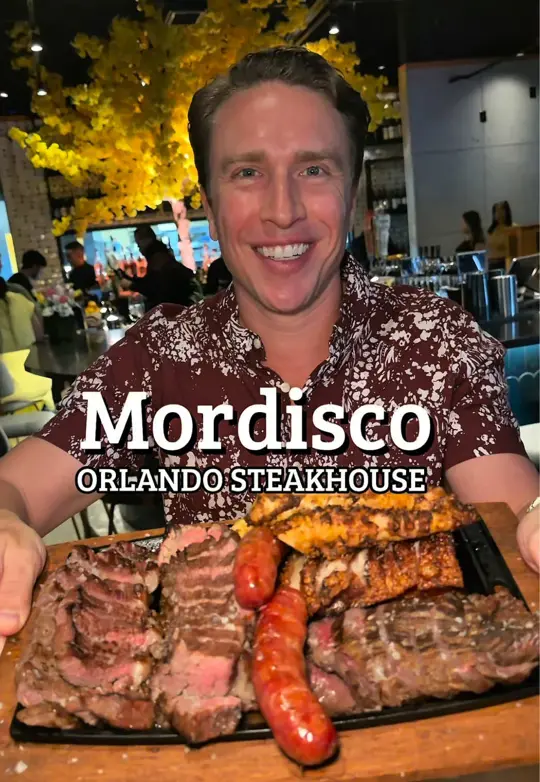 Mordisco Steakhouse in Orlando showing review, visit, steak tartare, queen arepa, ceviche carnavalero, asador “mar y llano” platter, always summer cocktail, video by datenightorl on TikTok