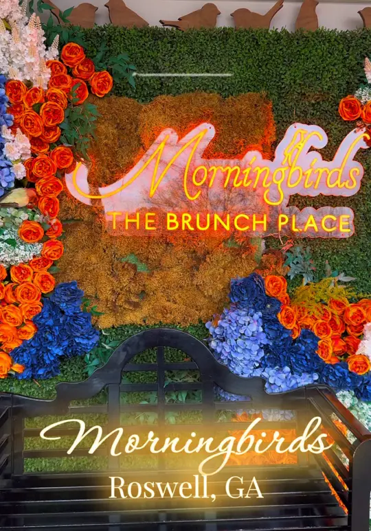 Morningbirds Restaurant in Roswell showing review, cinnamon rolls, rainbow bird, the cardinal, espresso, video by hungryhomegirl on TikTok