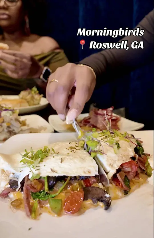Morningbirds Restaurant in Roswell showing brunch, restaurant visit, video by palateforculture on TikTok