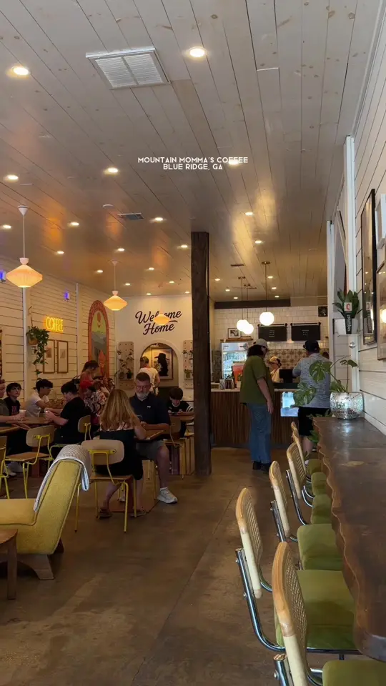 Mountain Mama's Coffee Lounge in Blue Ridge showing coffee, seasonal menu, atmosphere, video by missavabart on TikTok