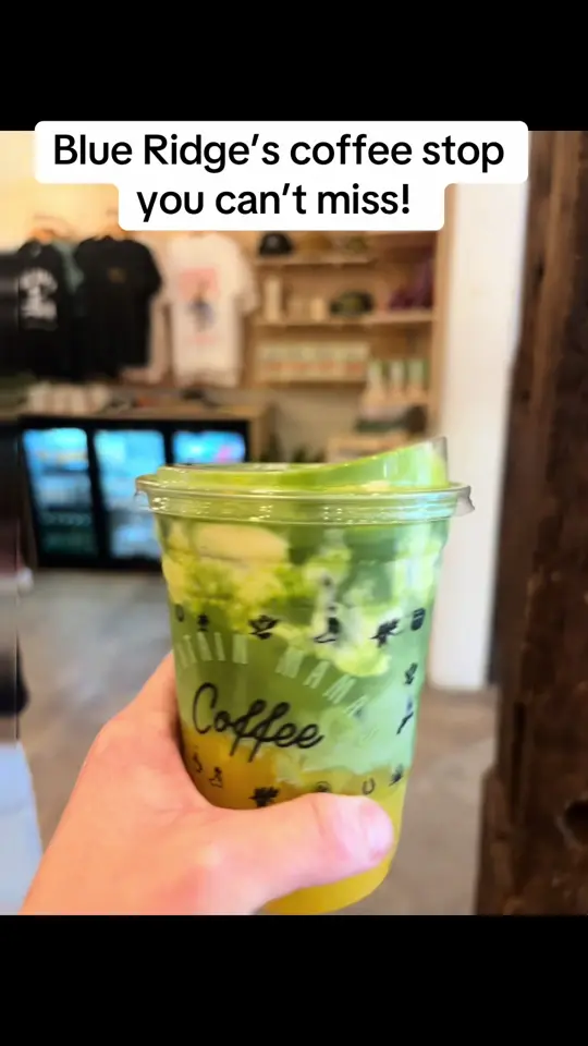 Mountain Mama's Coffee Lounge in Blue Ridge showing coffee, matcha, atmosphere, service, visit, video by gummfamtravels on TikTok