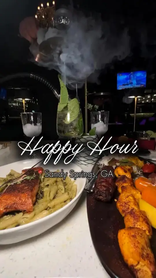 Moustache Hookah Bar in Sandy Springs showing review, visit, atmosphere, salmon pasta, pesto flatbread, patron tower, oysters rockefeller, video by Candace Eloise on Facebook