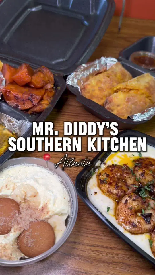 Mr. Diddy's in Marietta showing review, visit, honey glazed blackened salmon, mac & cheese, candied yams, collard greens, yellow rice, wings, mashed potatoes, green beans, shrimp & grits, video by jayykayybee on TikTok