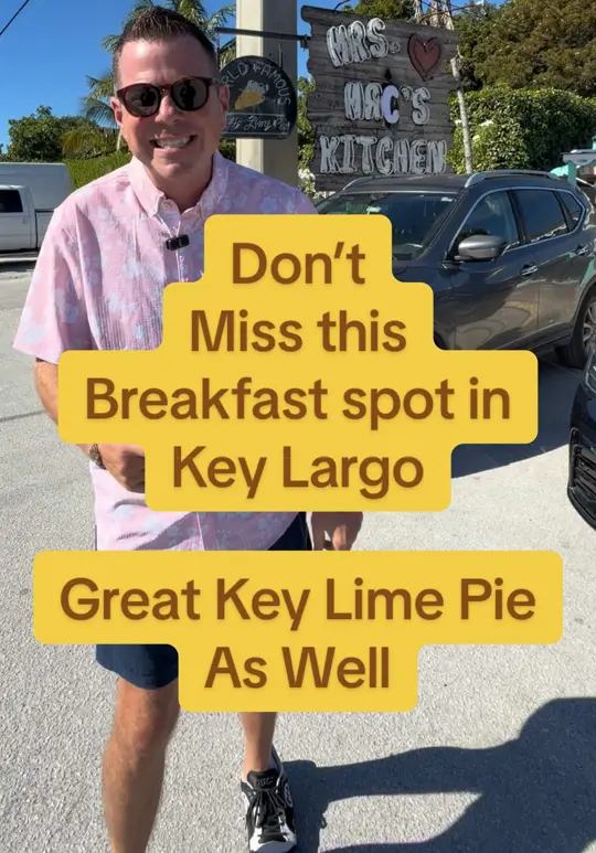 Mrs Macs Kitchen in Key Largo showing food, key lime pie / food, biscuits and gravy / food, belgian waffles, video by keywestshawn on TikTok