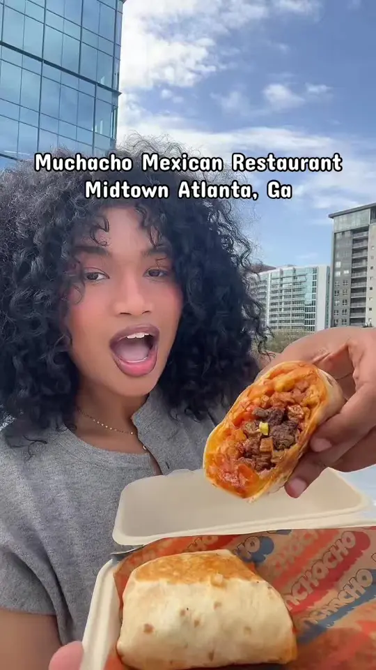 Muchacho in Atlanta showing visit, review, burrito, carne asada burrito, jalapeño salsa, video by maditheexpert on TikTok