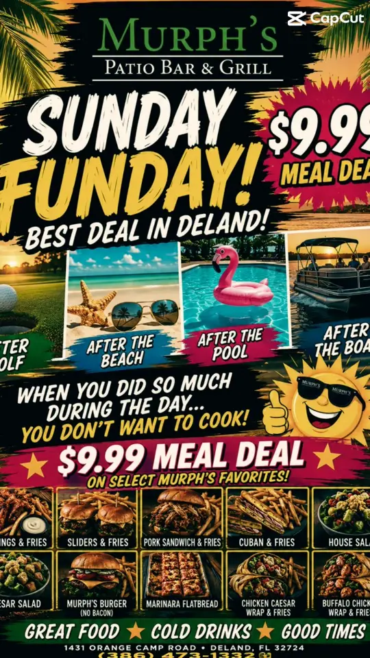 Murph's Patio Bar & Grill in Deland showing meal deal, visit, video by Murph's Patio Bar & Grill on Facebook