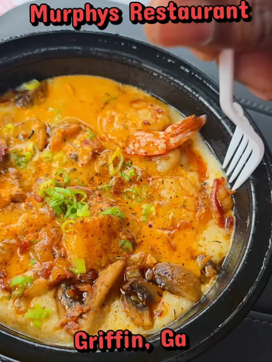 Murphys Restaurant in Griffin showing food, shrimp and grits, video by the1kingajkj on TikTok